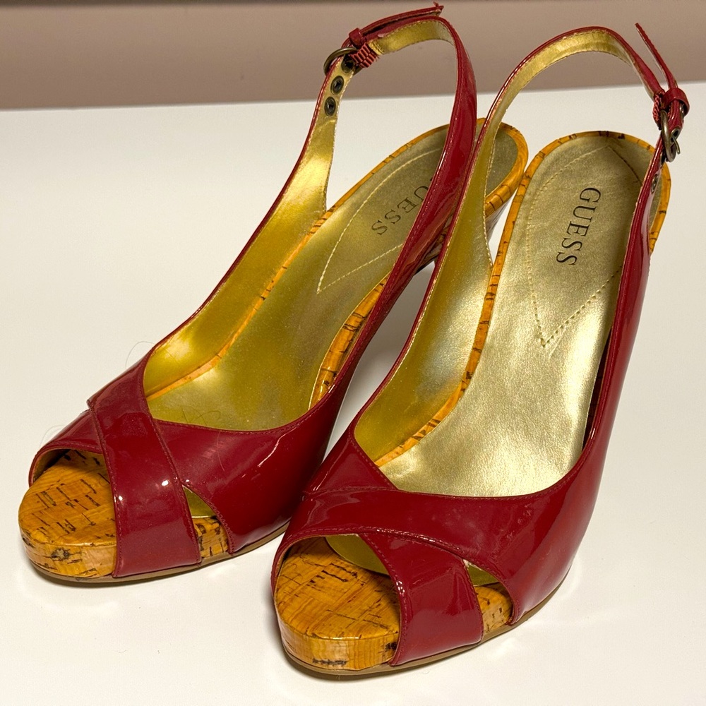 Guess Red Patent Leather Sling Back Peep Toe Stiletto Heels